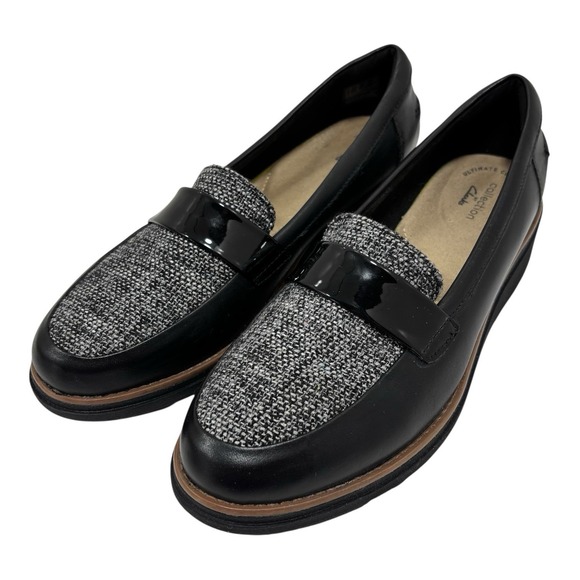 Clarks Sharon Gracie Wedge Loafers Slip On Womens Size 8.5 M Black Patent Tweed - Picture 1 of 8